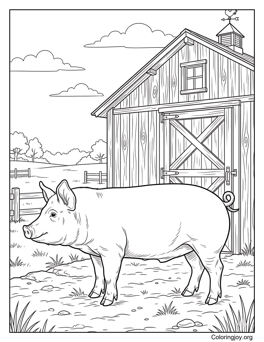 Realistic Pig Standing Near Farm Barn