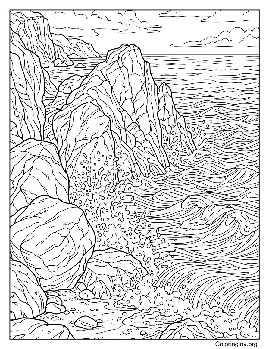Realistic Rocky Beach Coast With Detailed Ocean Waves Coloring Sheet