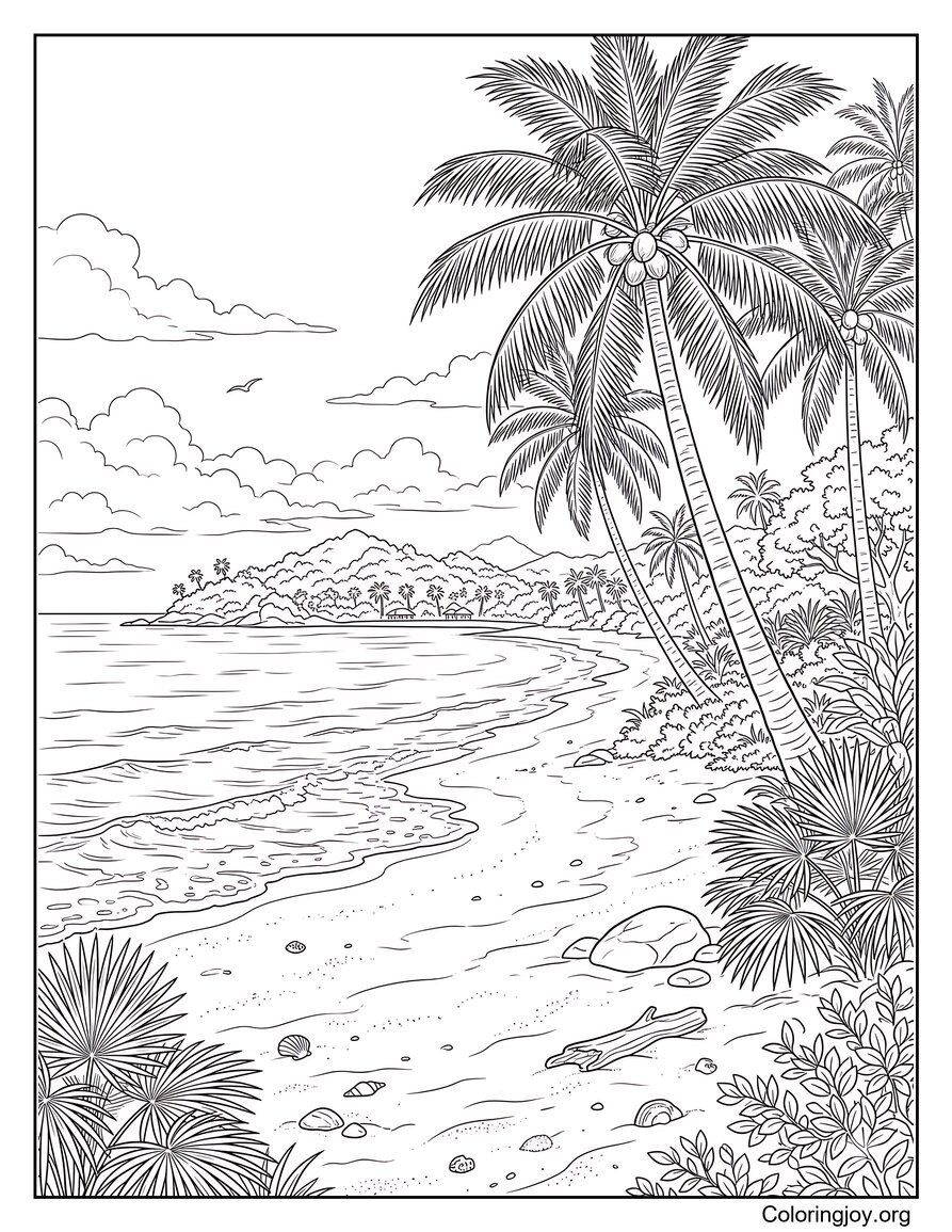 Realistic Tropical Beach With Palm Trees And Distant Island Coloring Sheet