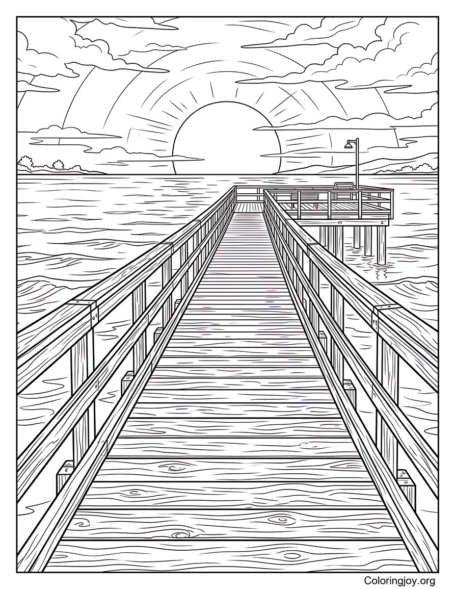 Realistic Wooden Pier Extending Into The Ocean At Sunset Coloring Page