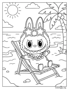 Relaxing with Sunglasses on Beach Chair Labubu-Inspired Coloring Page
