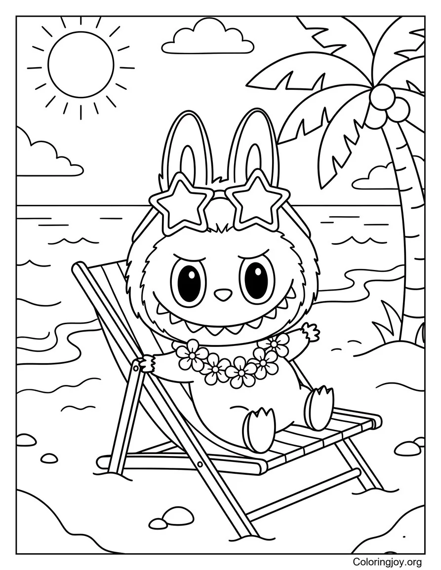 Relaxing with Sunglasses on Beach Chair Labubu-Inspired Coloring Page