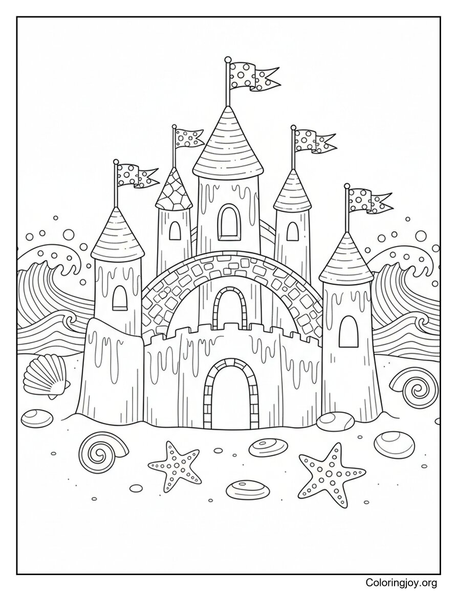 Sandcastle Village With Tiny Flags On The Beach Coloring Sheet