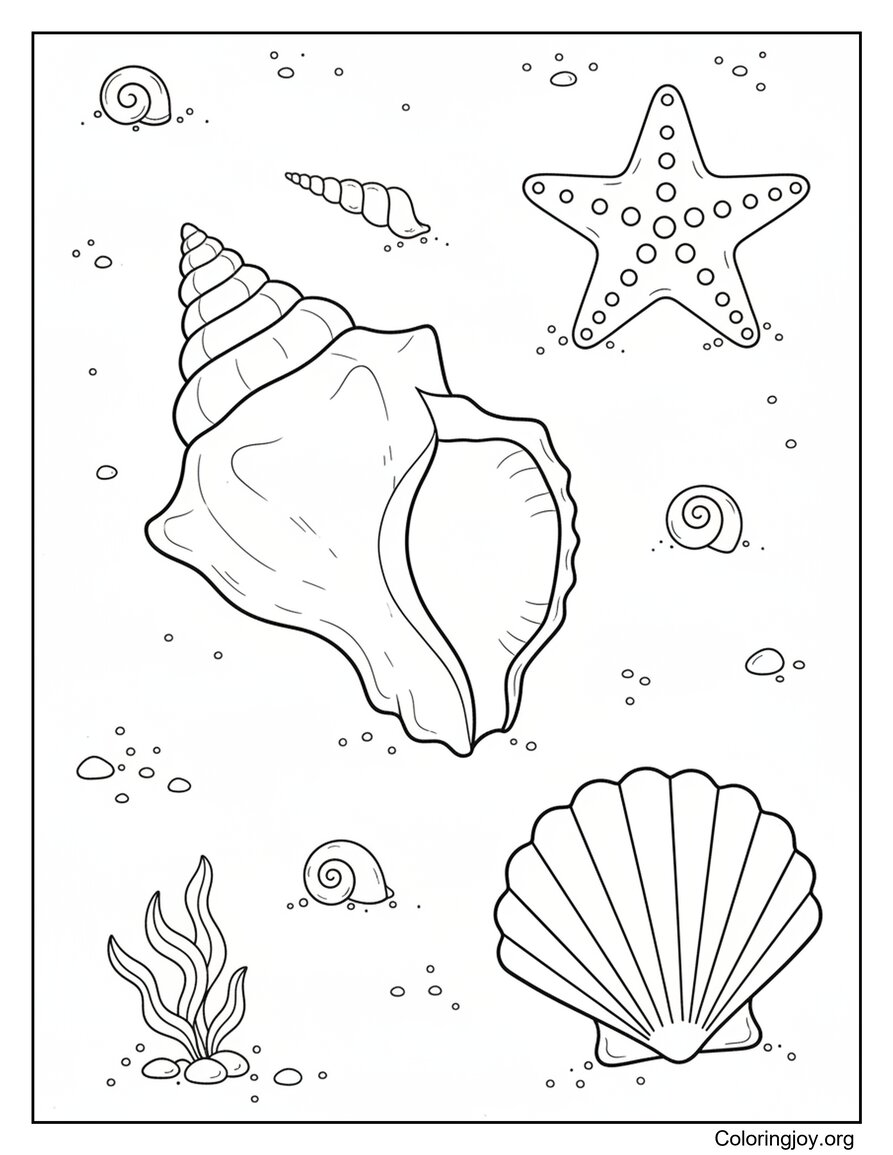 Seashell Collection Spread Across The Beach Sand Coloring Sheet