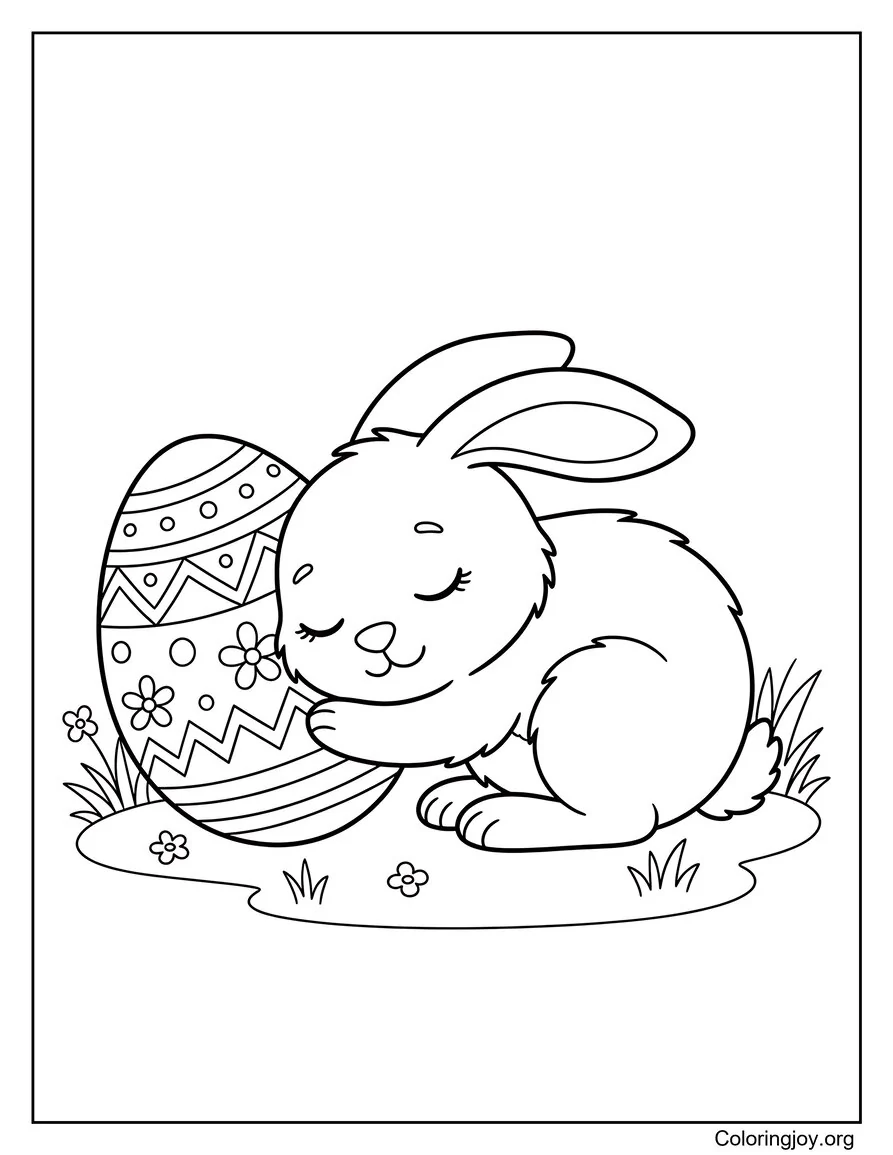 Simple Sleeping Easter Bunny With Egg Coloring Page