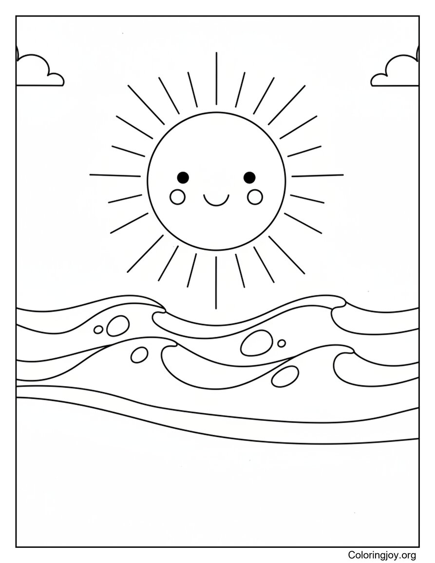 Simple Sunset Over Calm Beach Waves Coloring Sheet