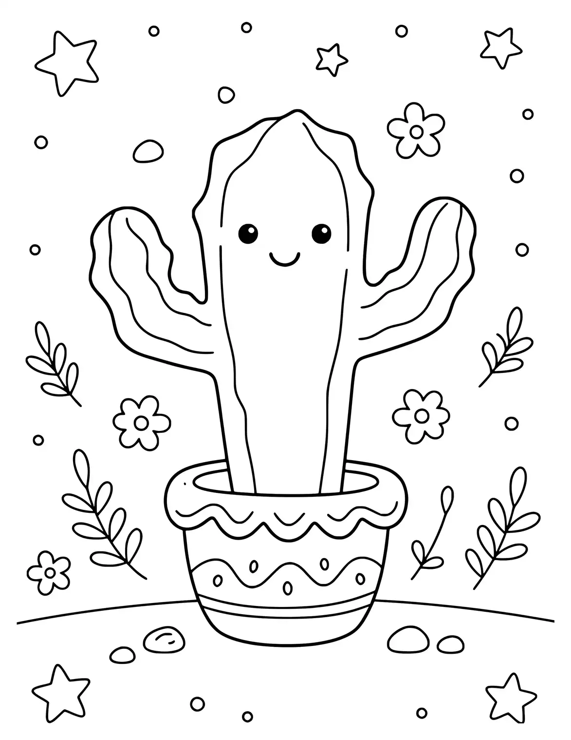 Detailed cactus with flowers and desert plants.