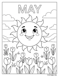 Smiling Sun Over A Field Of Tulips Coloring Page