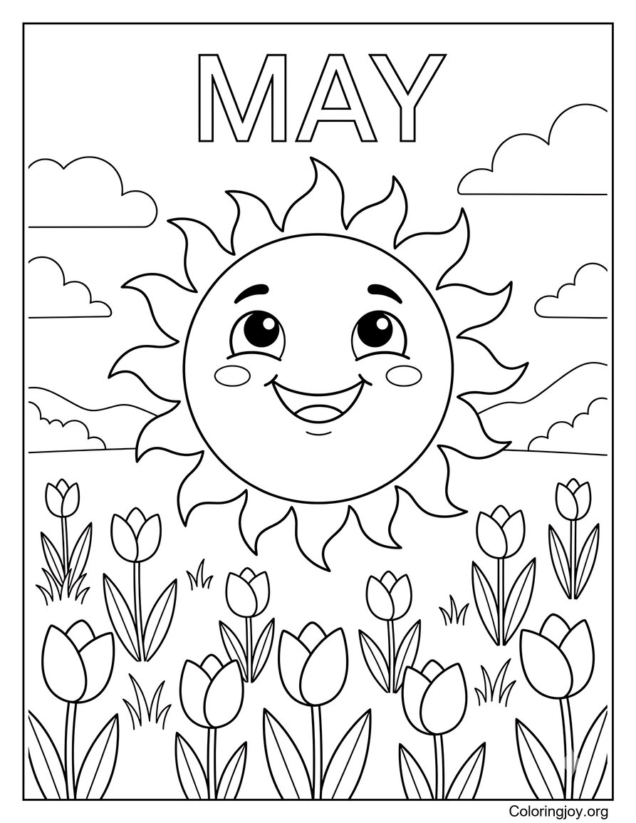Soleil souriant sur un champ de tulipes Coloriage