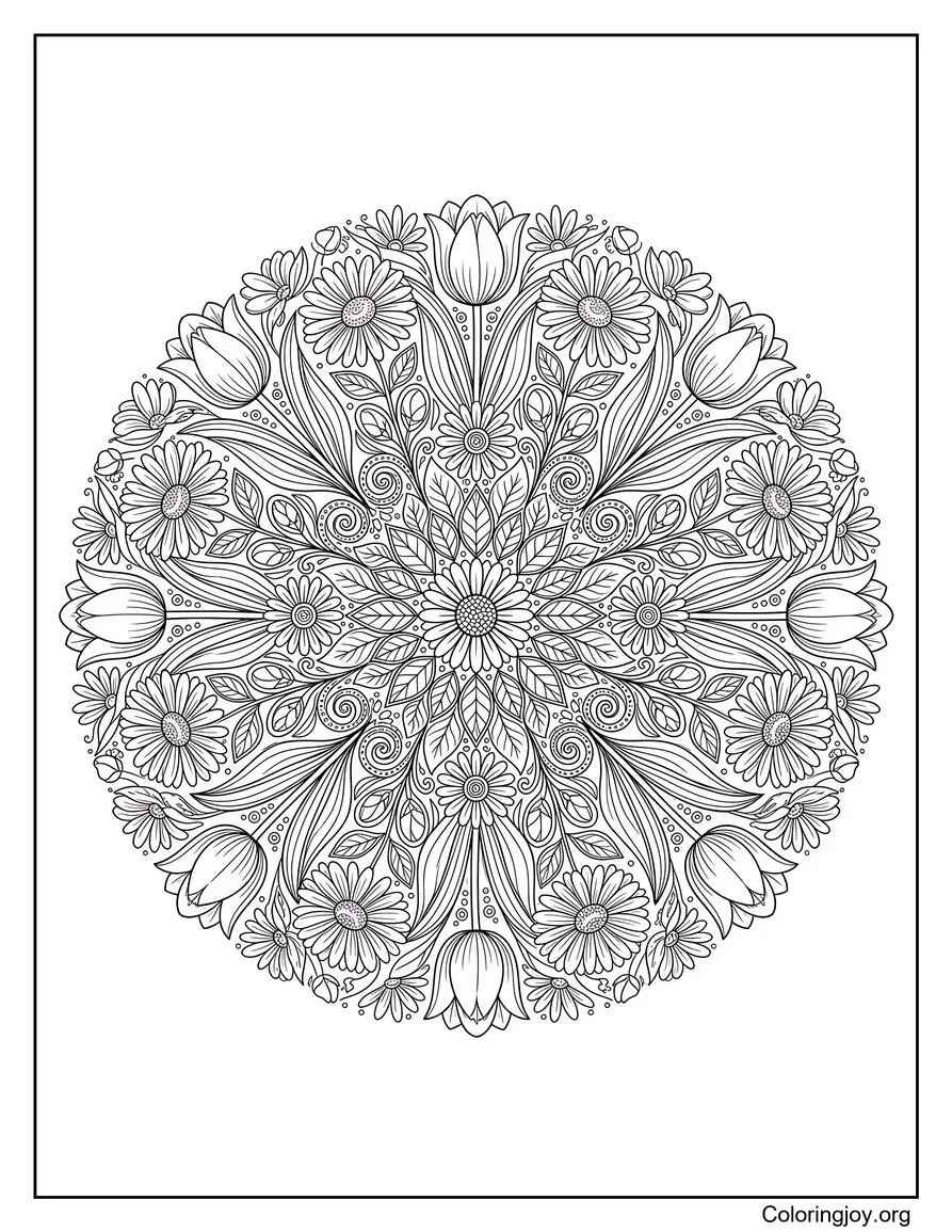 Spring Floral Mandala With Tulips Coloring Page