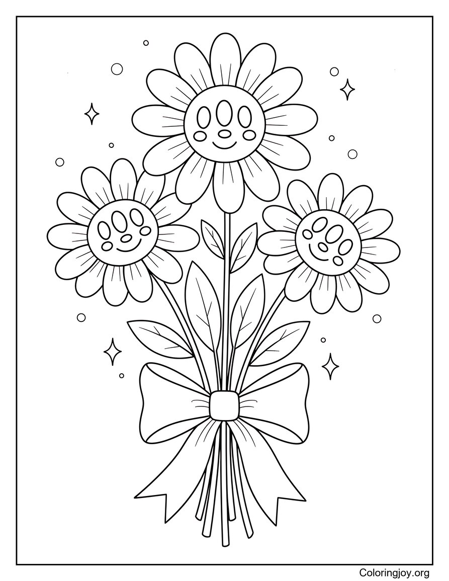Spring Flower Bouquet With Ribbon Coloring Page