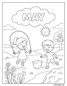 Sunny Garden Scene With Kids Playing Outdoors Coloring Page