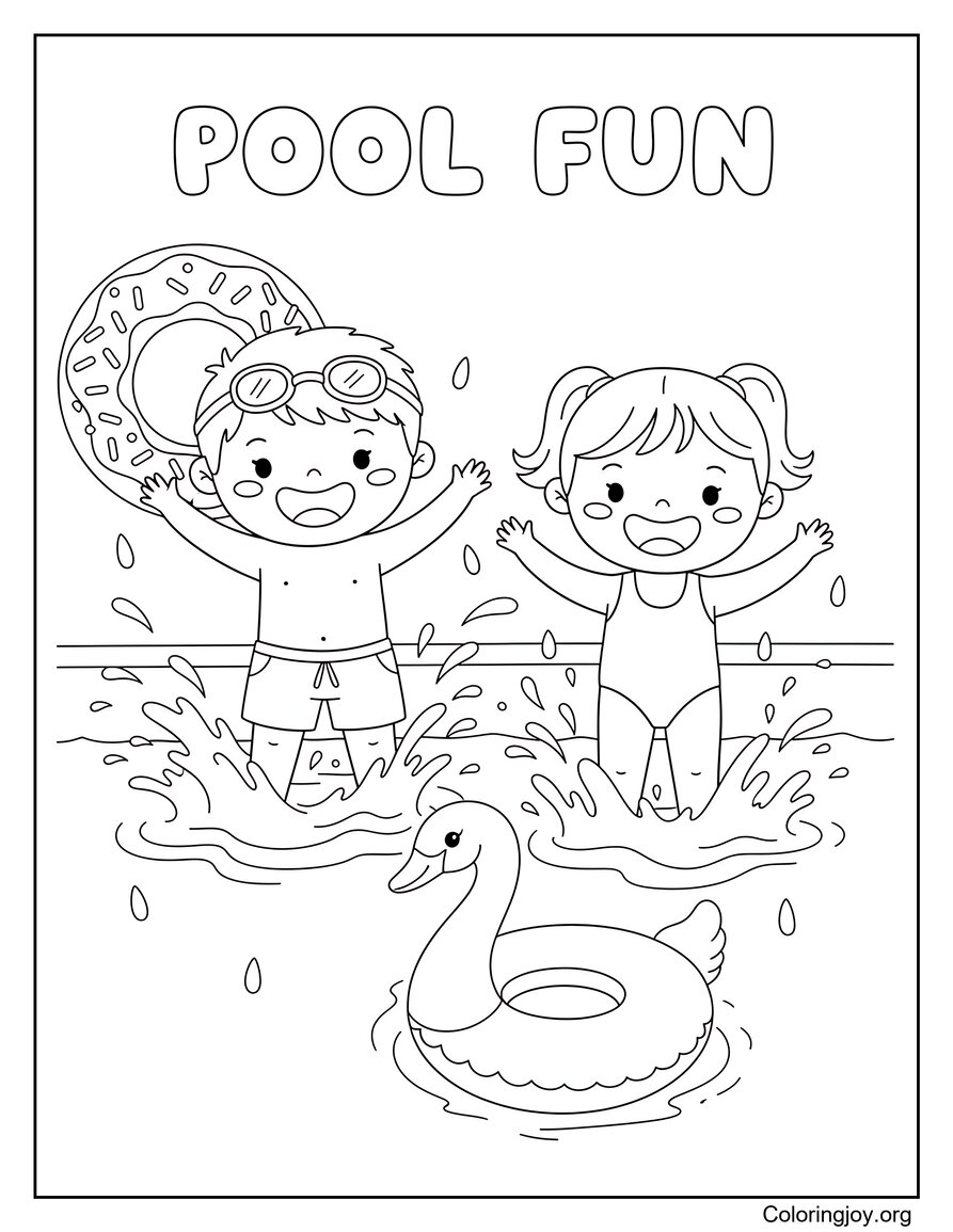 Swimming Pool Fun Summer Coloring Page for Kids Activity