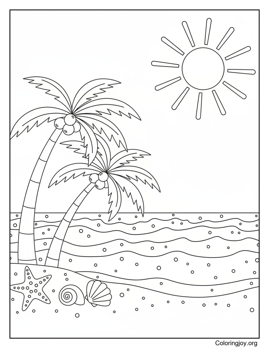 Tropical Beach With Palm Trees And Clear Ocean View Coloring Sheet