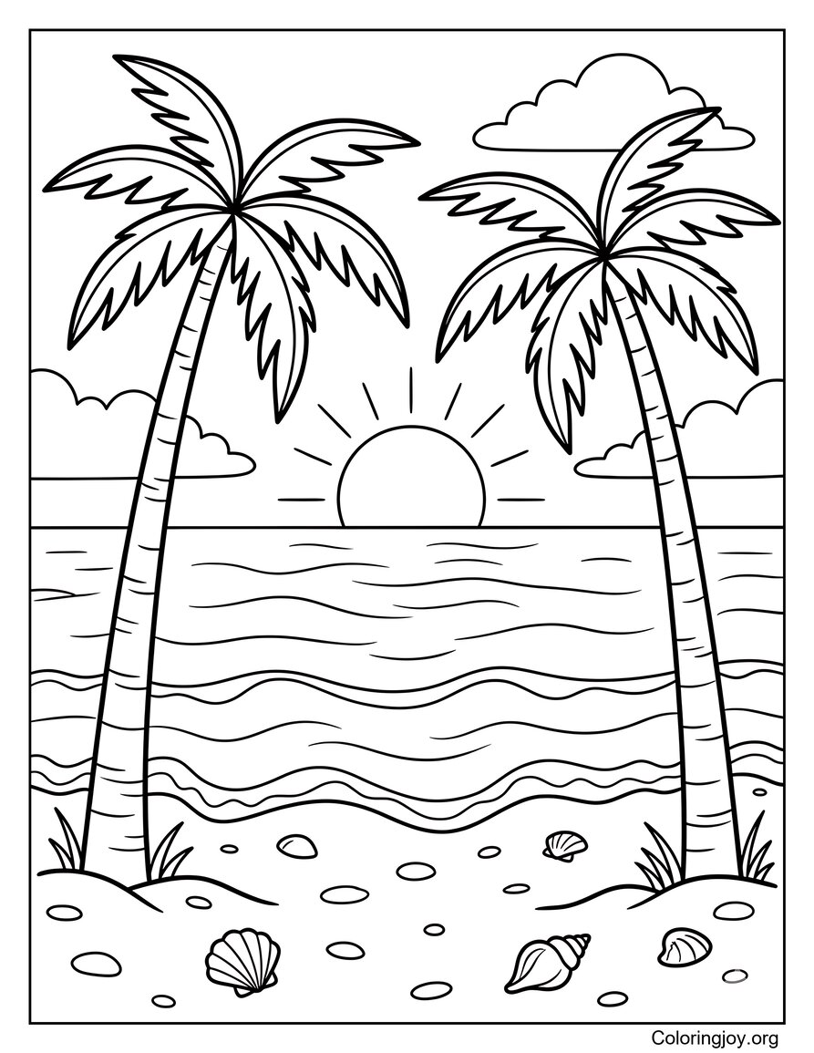 Tropical Island Beach With Coconut Trees Coloring Page
