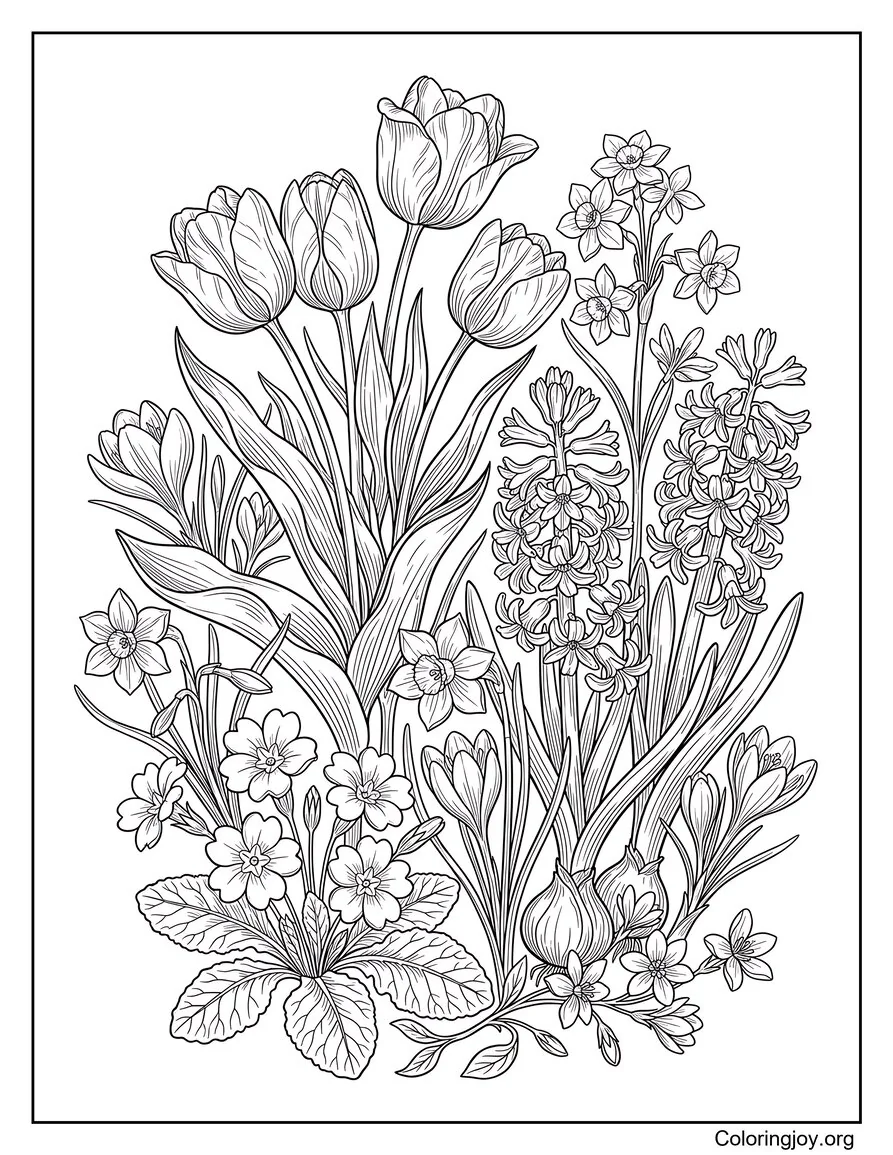 Vintage Botanical Spring Flowers Coloring Page