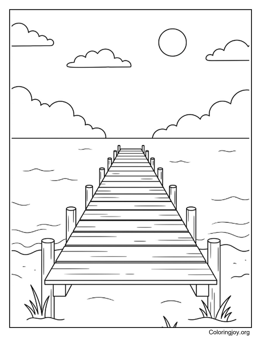 Wooden Pier Stretching Over The Beach Water Coloring Sheet