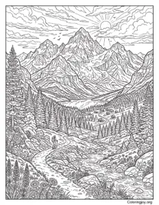 Detailed Mountain Landscape Coloring Page