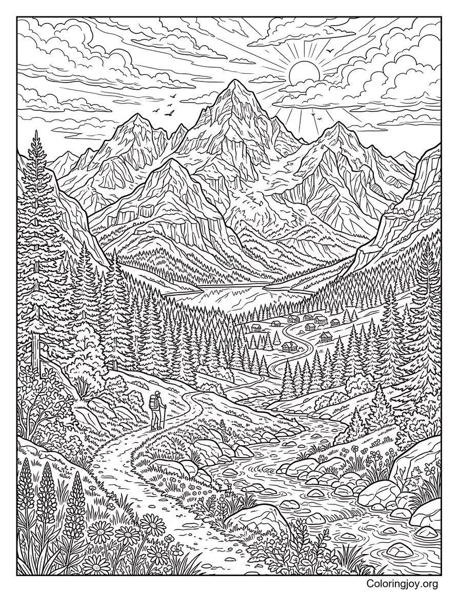 Detailed Mountain Landscape Coloring Page