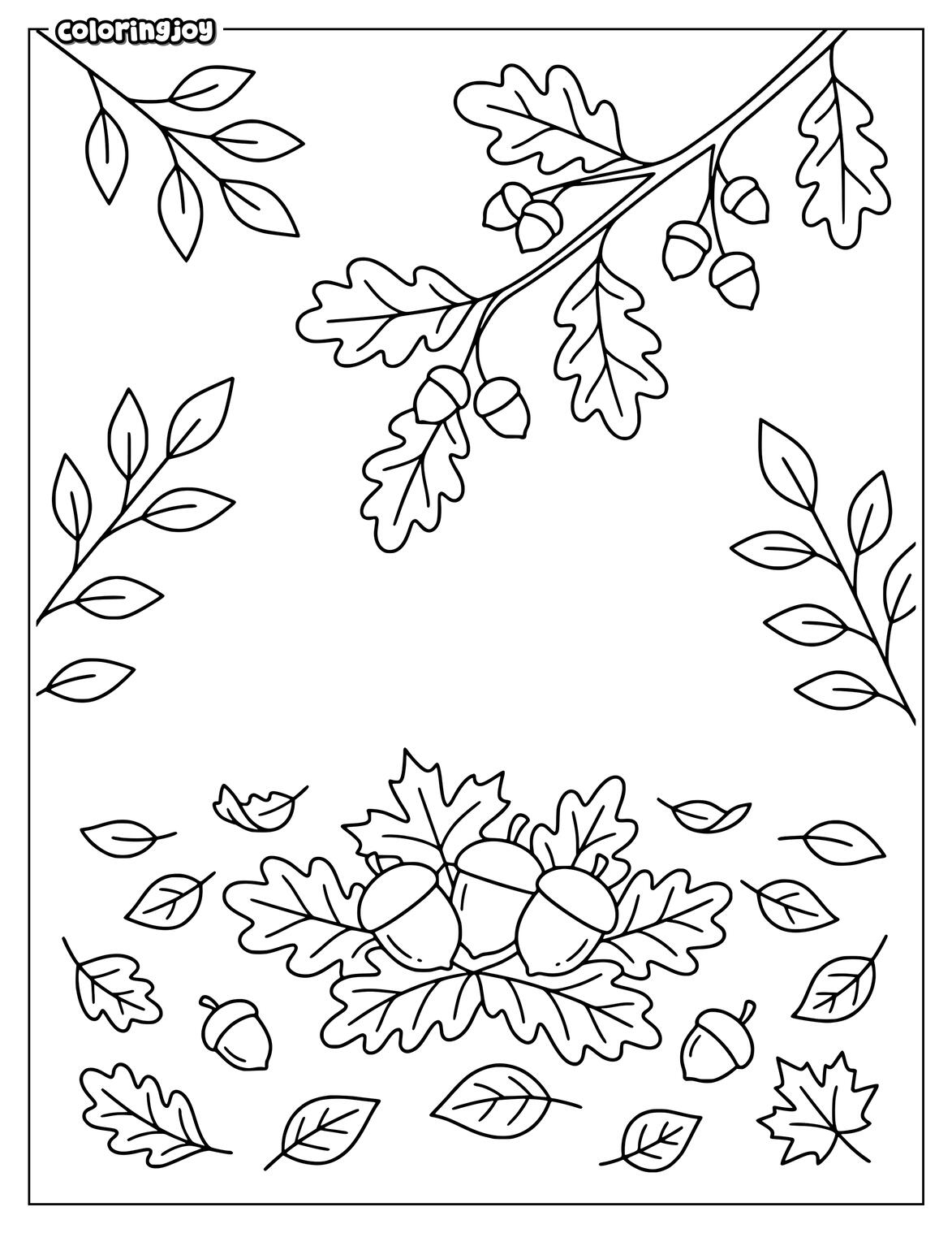 Fall Leaves coloring page showing changing trees branches and scattered autumn leaves.
