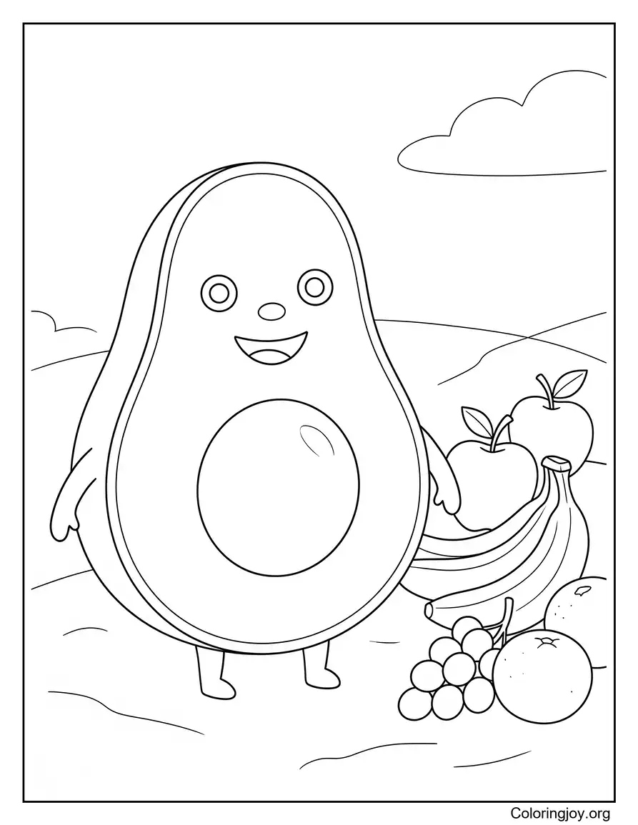 Avocado Next to Healthy Fruits Coloring Sheet