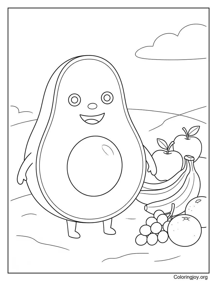 Avocado Next to Healthy Fruits Coloring Sheet