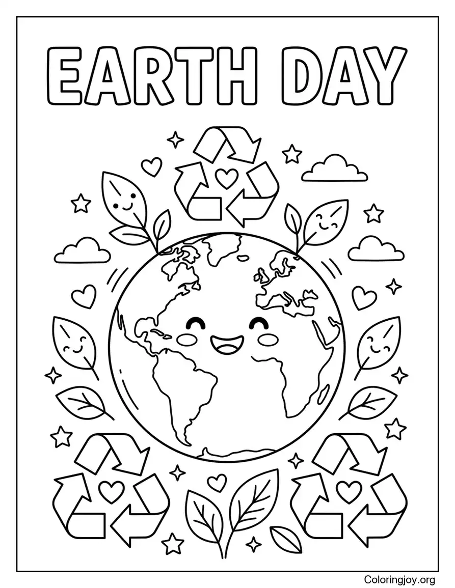 Bold Earth Day Text With Smiling Earth And Recycling Symbols