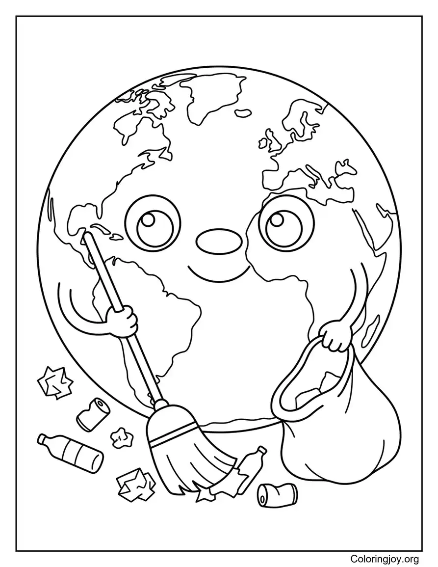 Earth Cleaning Up Trash With A Broom And Garbage Bag