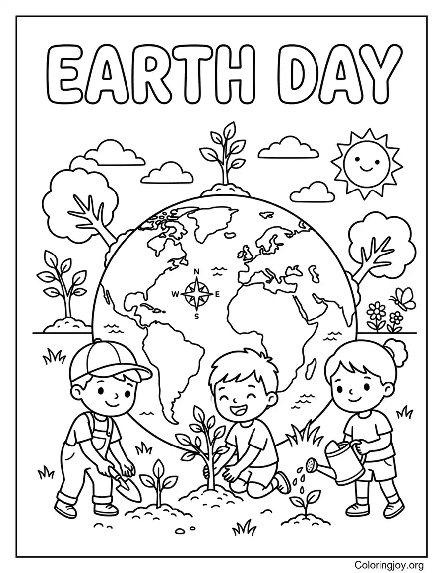 Earth Day Text With Kids Planting Trees Around The Globe