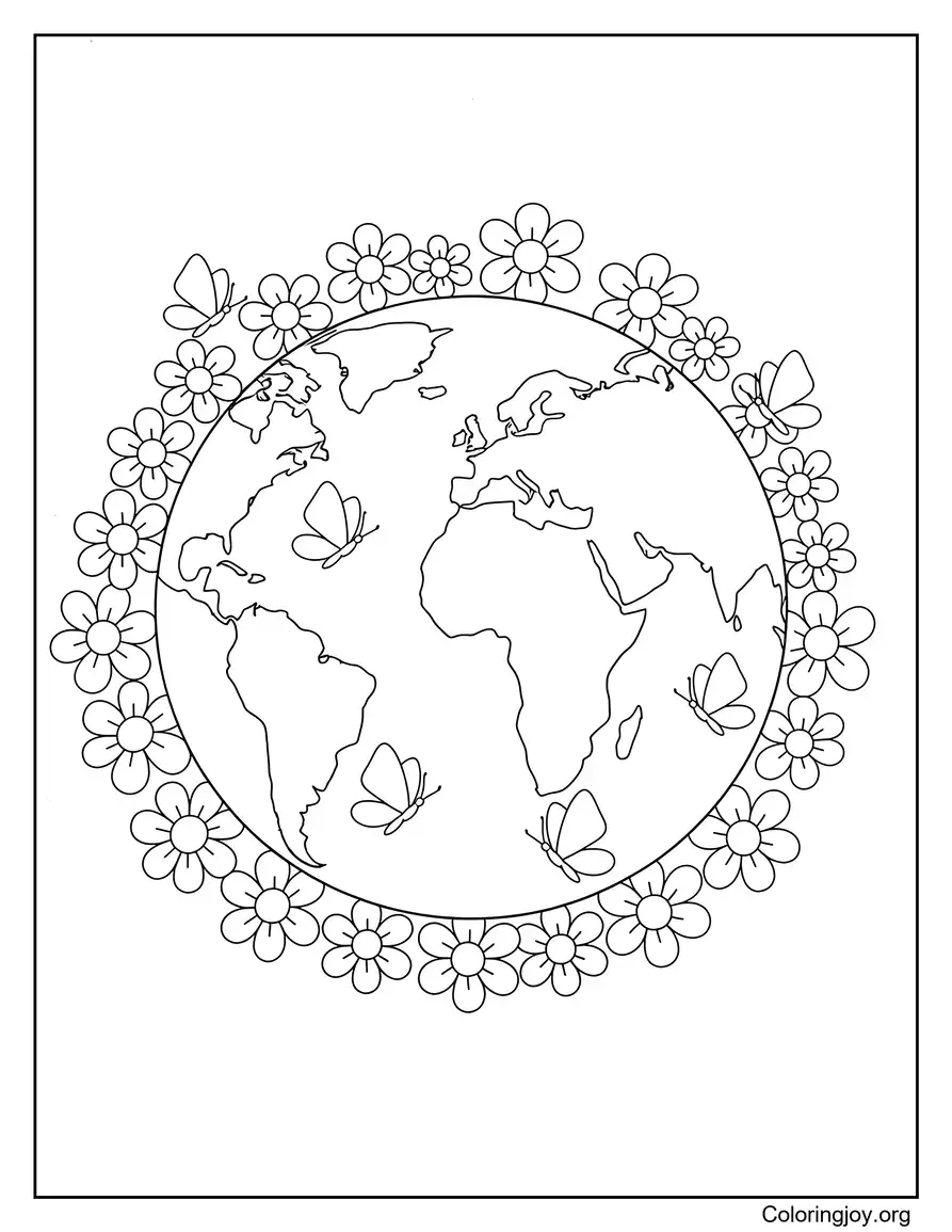 Earth Surrounded By Flowers And Butterflies