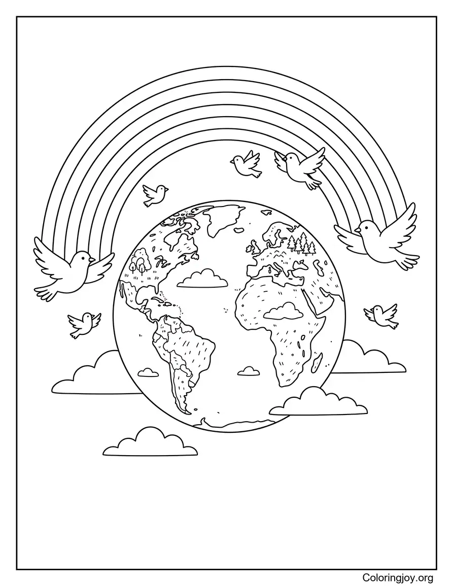 Earth With Rainbow And Birds Flying Around It