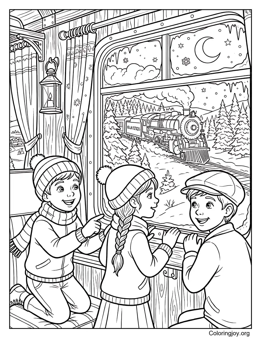 Amigos mirando por la ventana del Polar Express