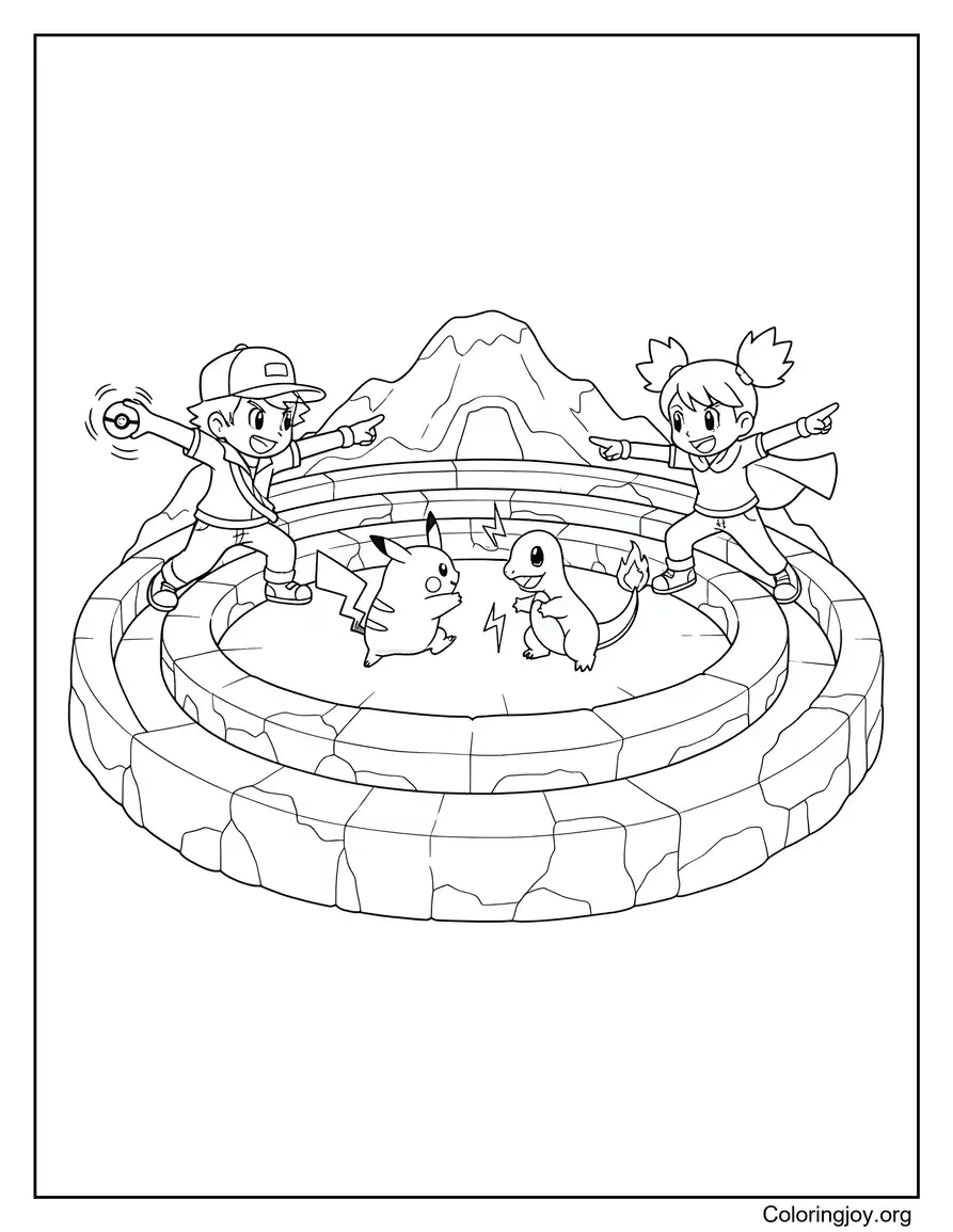 Página para colorear Mountain Battle Arena con entrenadores