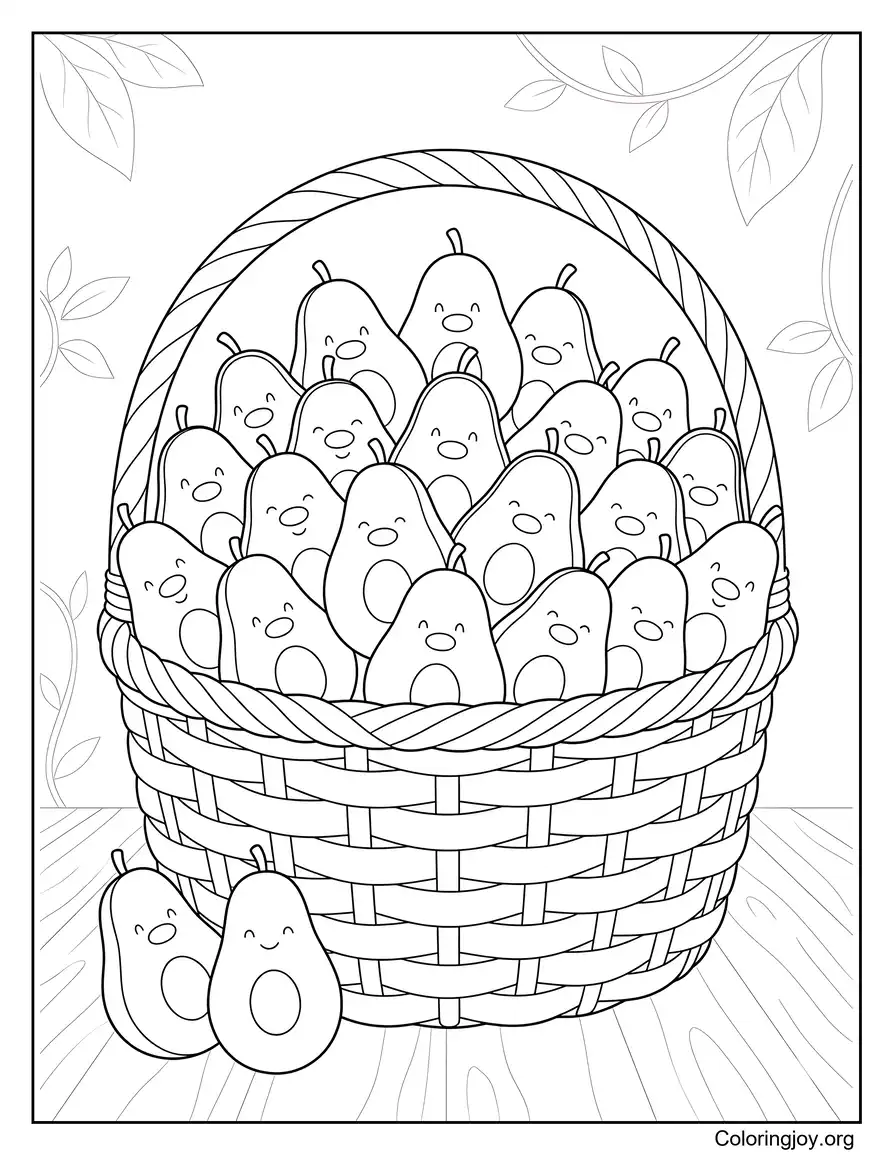 Página para colorear de cesta llena de aguacates verdes frescos
