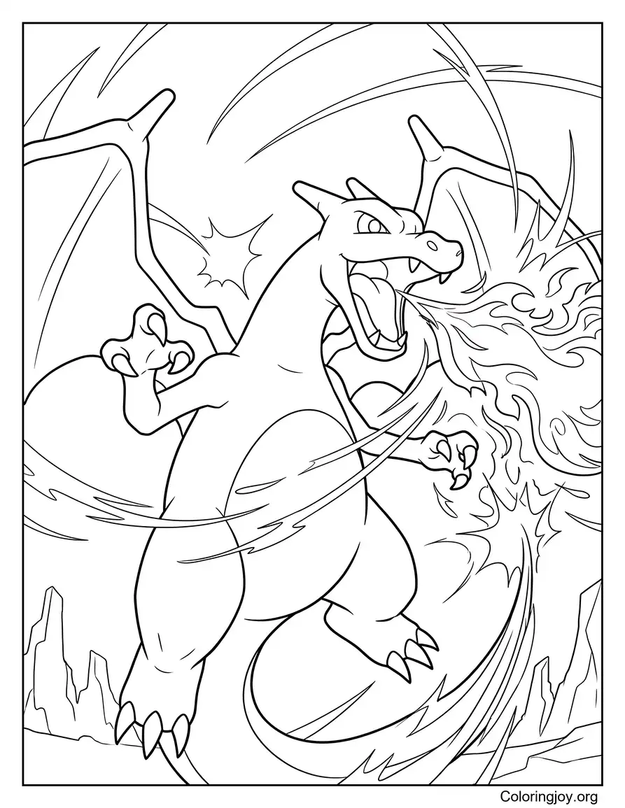 Charizard Página para colorear de escena de batalla