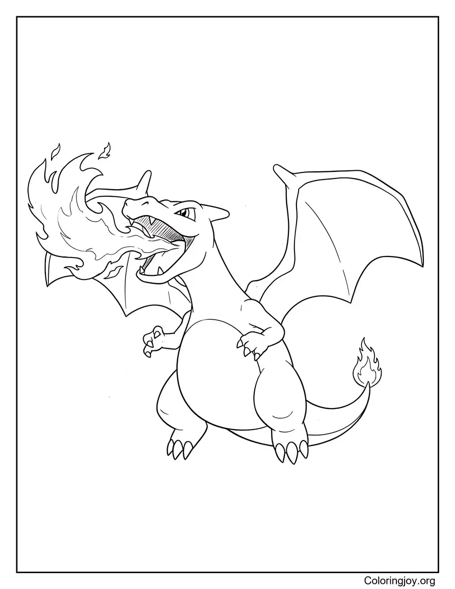 Página para colorear de Charizard volador respirando fuego