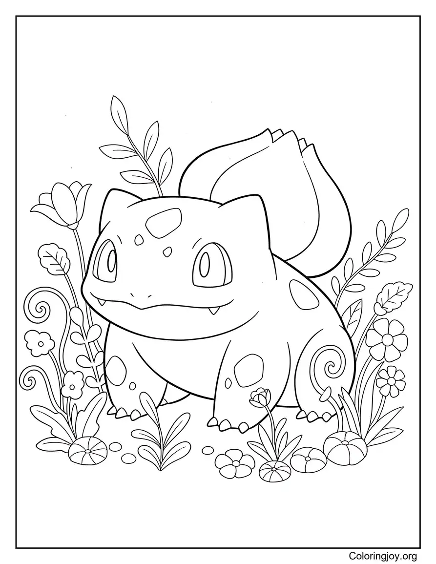 Lindo Bulbasaur en una escena de jardín para colorear