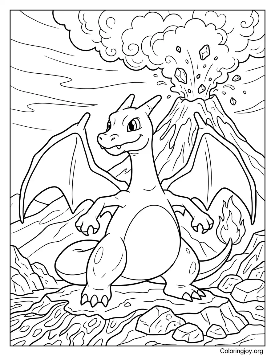 Charizard Página para colorear de la escena del volcán