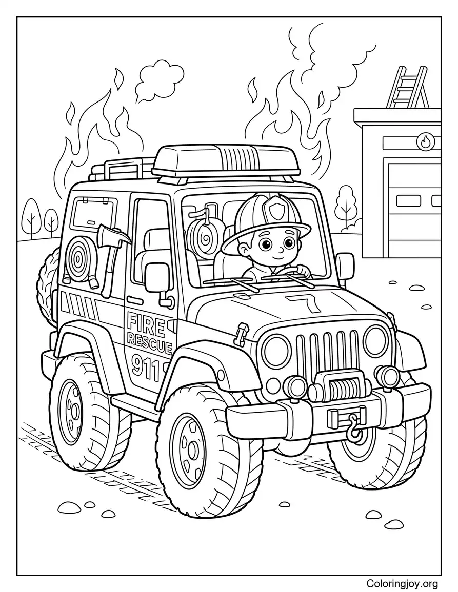 Jeep de rescate contra incendios en acción