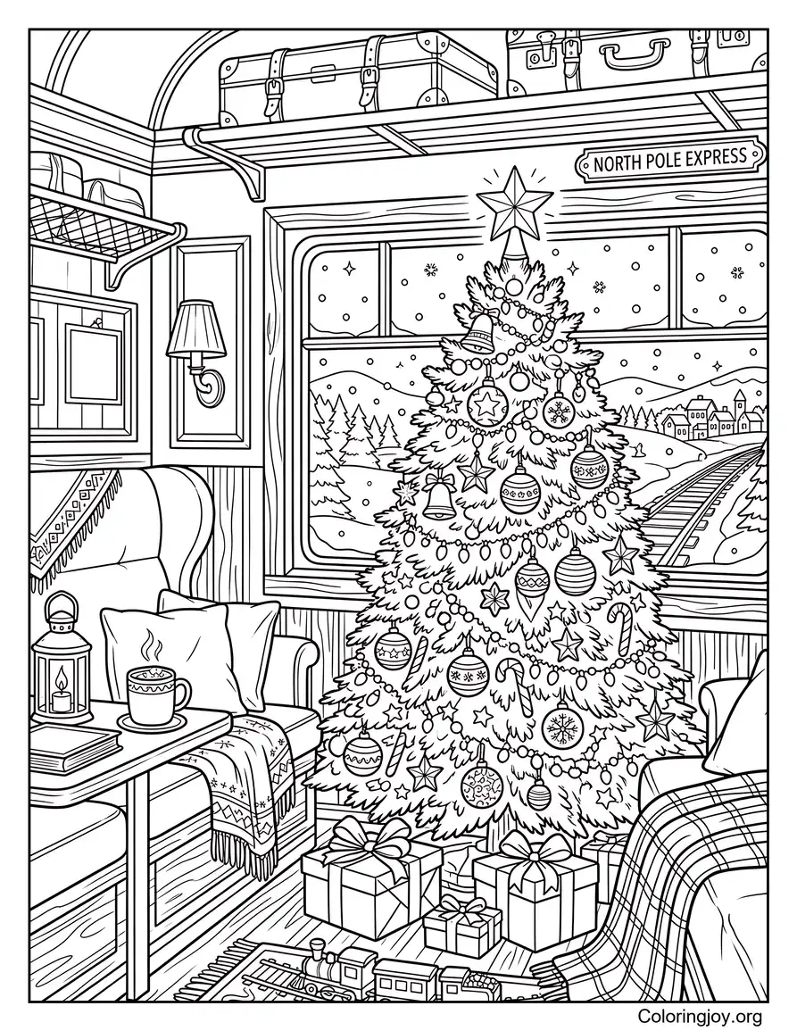 Decoración del árbol de Navidad dentro de la cabina del tren