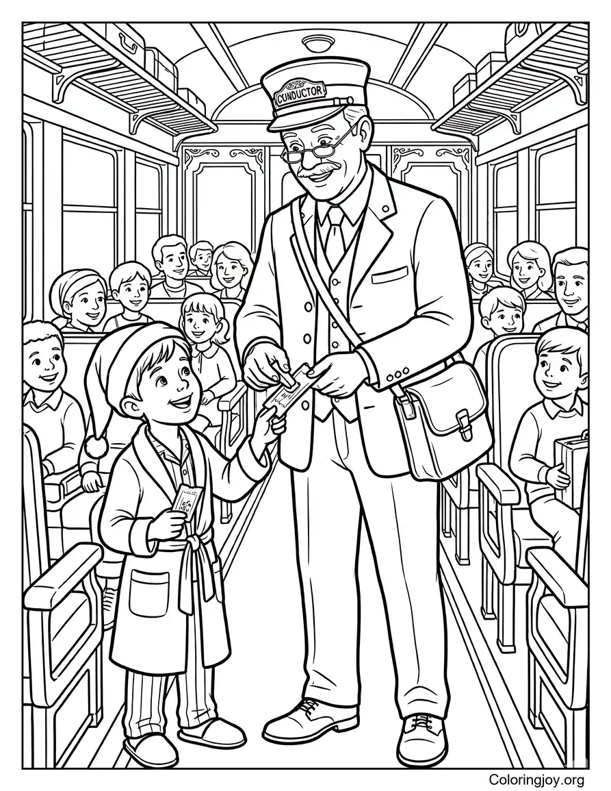 El revisor revisando los billetes del tren Polar Express