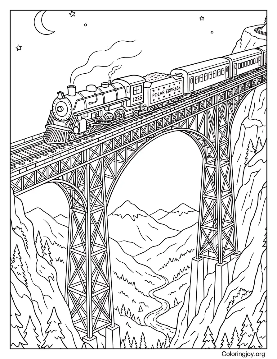 El Polar Express cruzando un puente alto y estrecho