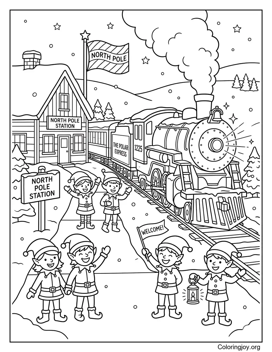 Elfos dando la bienvenida al Polar Express en el Polo Norte