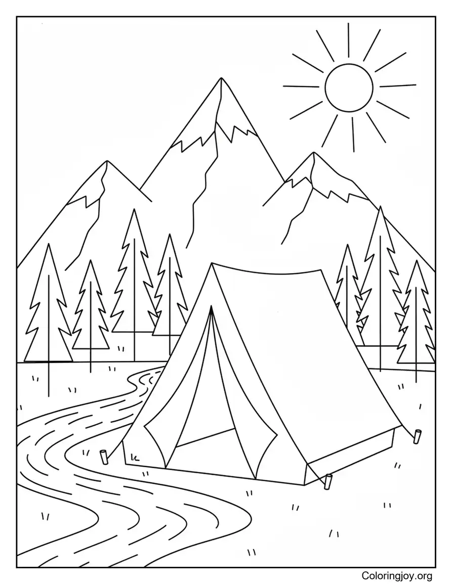 Página para colorear de escena de campamento de montaña