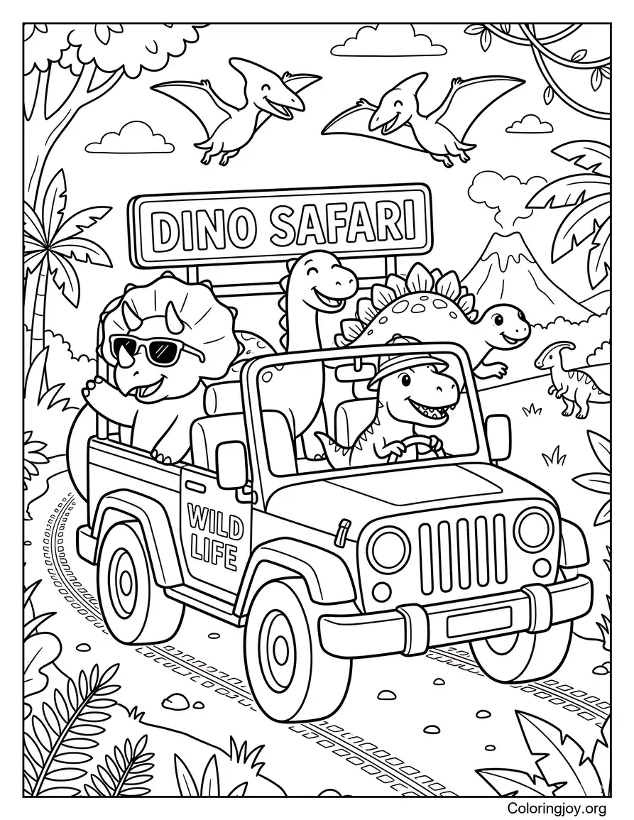 Escena del jeep del safari de dinosaurios