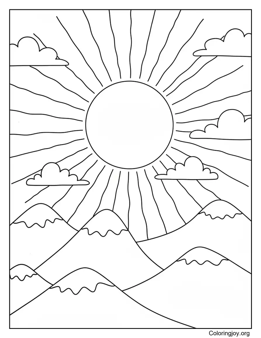 Página para colorear de la escena del atardecer en la montaña