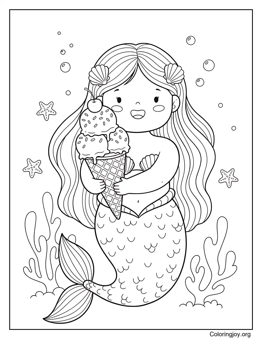 Hoja para colorear de fantasía de helado de sirena