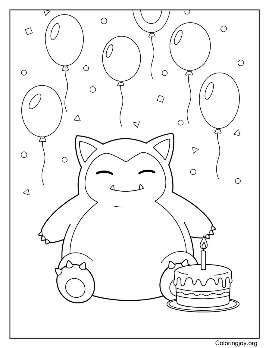 Snorlax Hoja para colorear imprimible de fiesta de cumpleaños