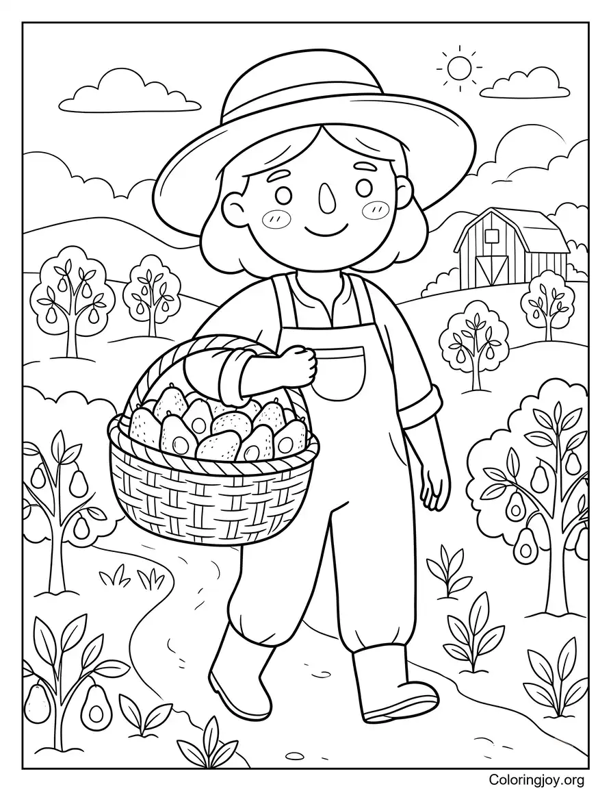 Página para colorear de granjero cargando una cesta de aguacates