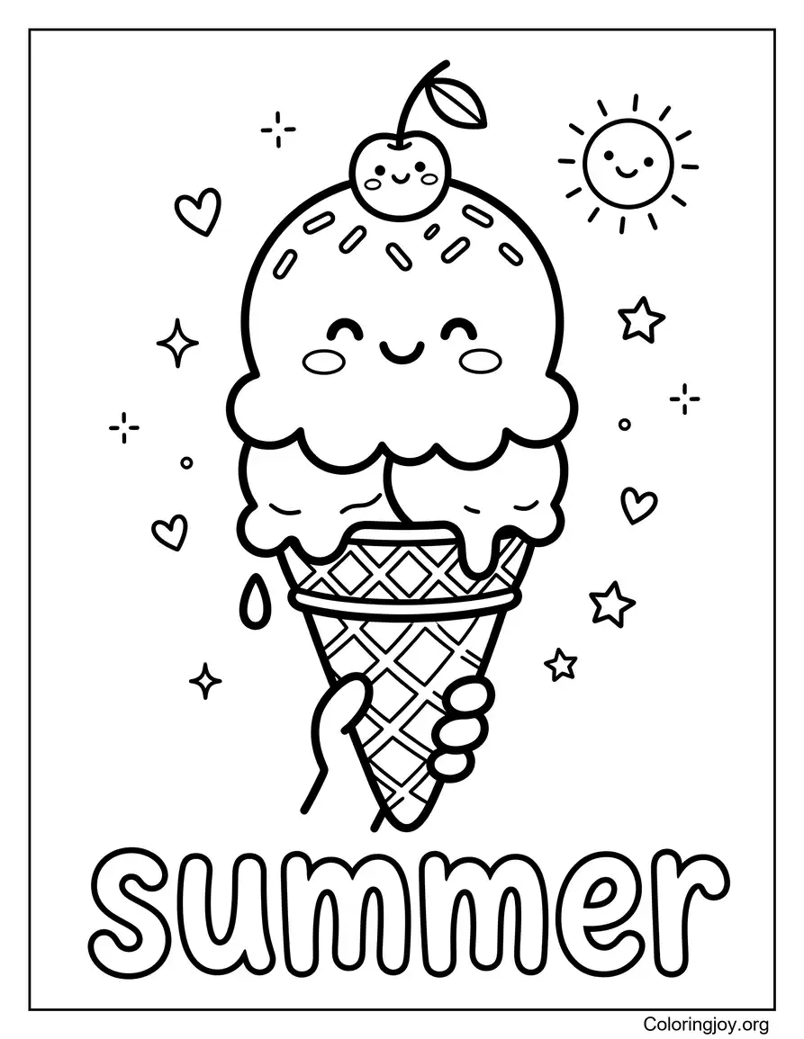 Hoja para colorear divertida de playa con helado de verano